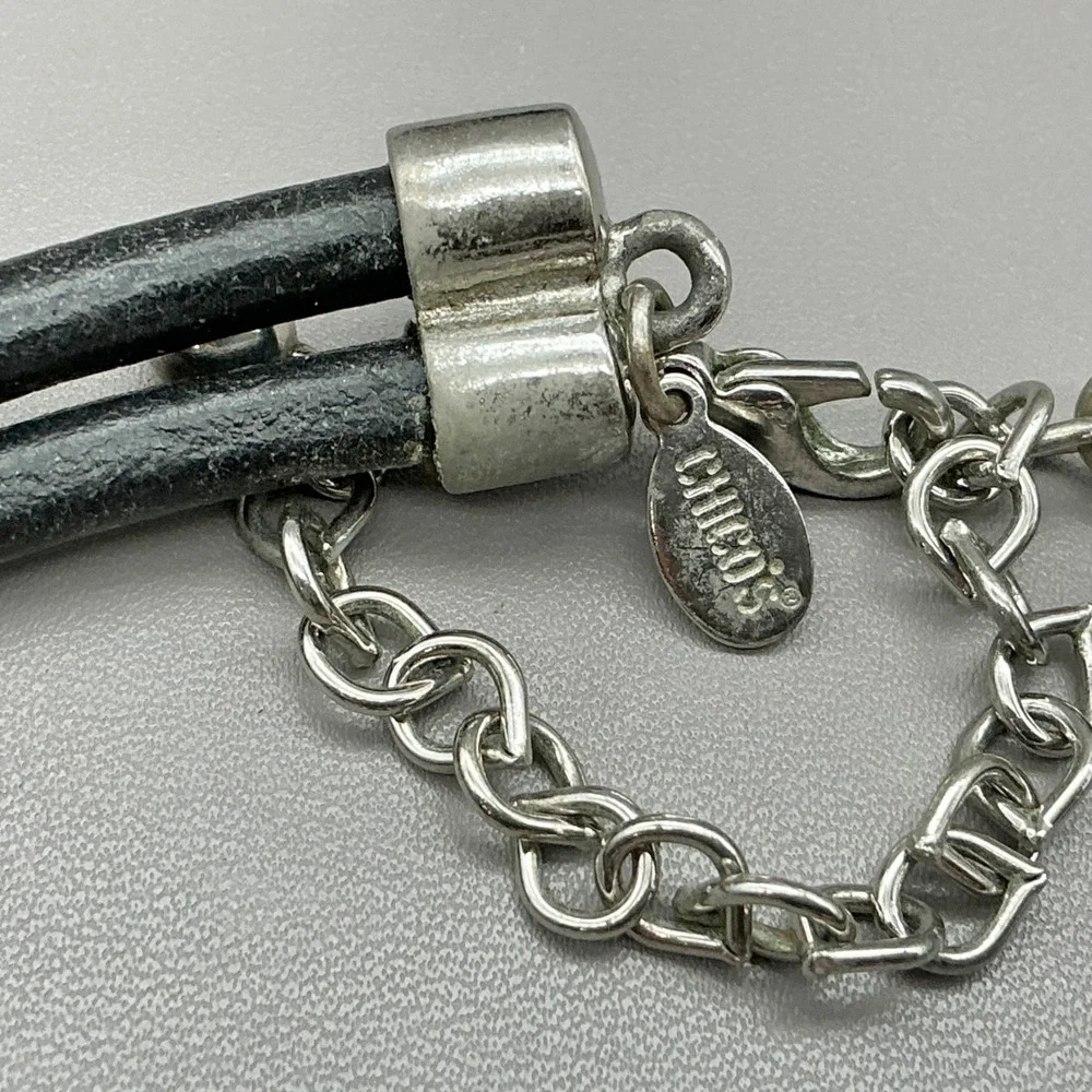 Chico's Necklace Black Double Cord Silver Tone Blue Art Glass Statement Pendant